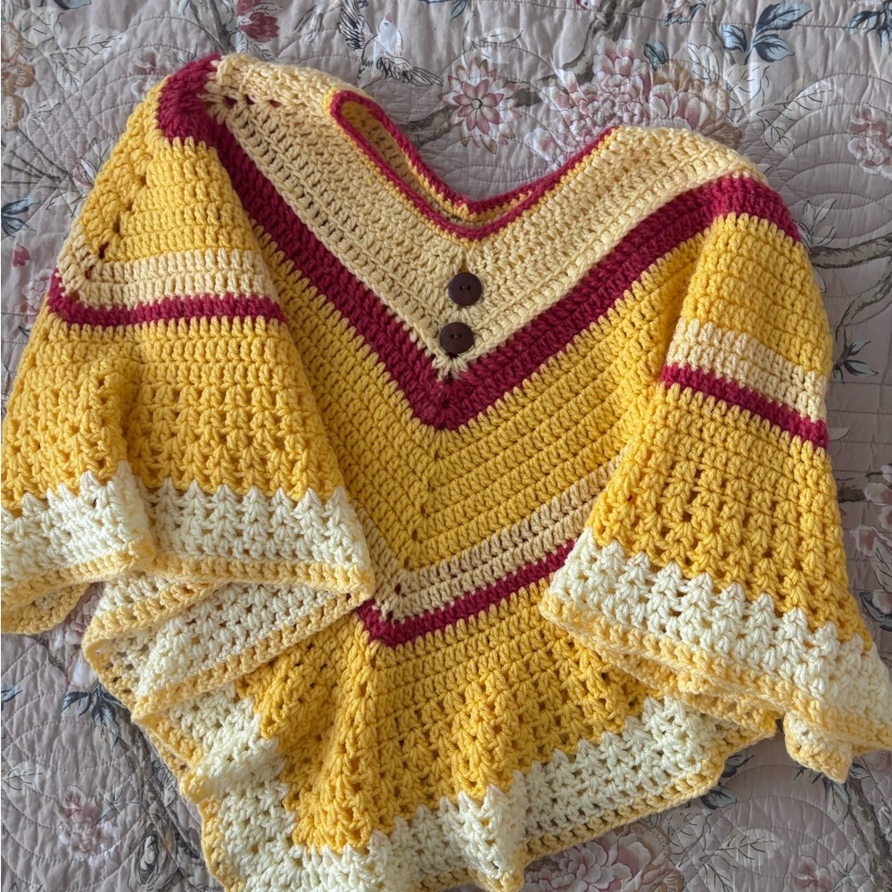 Yellow and Cream Crochet Poncho Sweater